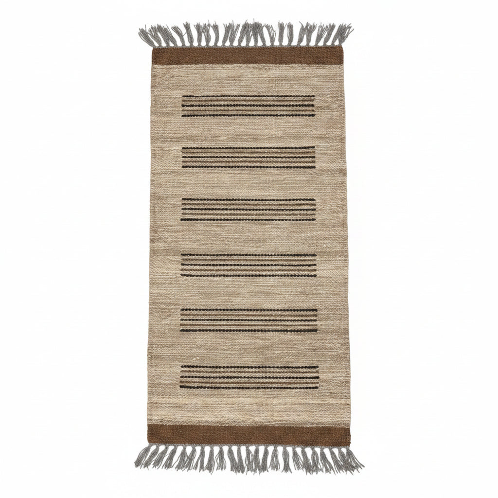 Rectangular handwoven runner rug with fringes. Natural tan base with horizontal stripes in dark brown and black. Fair trade handmade.
