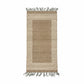 Rectangular handwoven wool kilim runner in neutral hues; brown center panel, beige striped border, and dark gray fringe on both ends, fair trade handmade