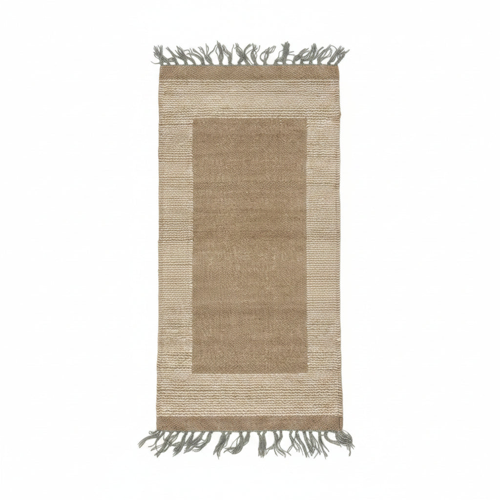 Rectangular handwoven wool kilim runner in neutral hues; brown center panel, beige striped border, and dark gray fringe on both ends, fair trade handmade