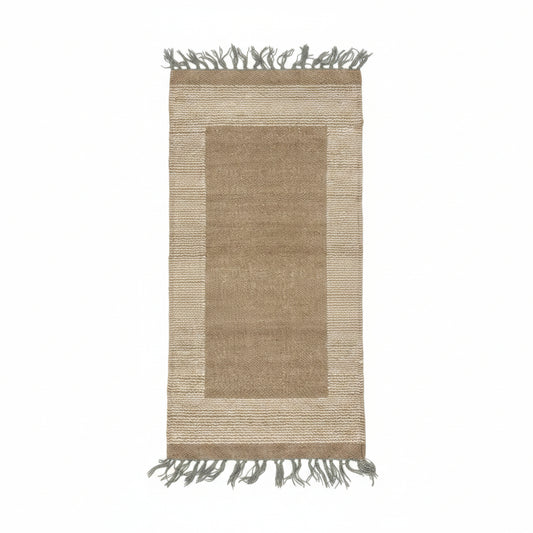 Rectangular handwoven wool kilim runner in neutral hues; brown center panel, beige striped border, and dark gray fringe on both ends, fair trade handmade