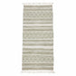 Handwoven rectangular kilim rug with a geometric diamond pattern, and alternating bands of natural beige and off-white, finished with fringed edges.