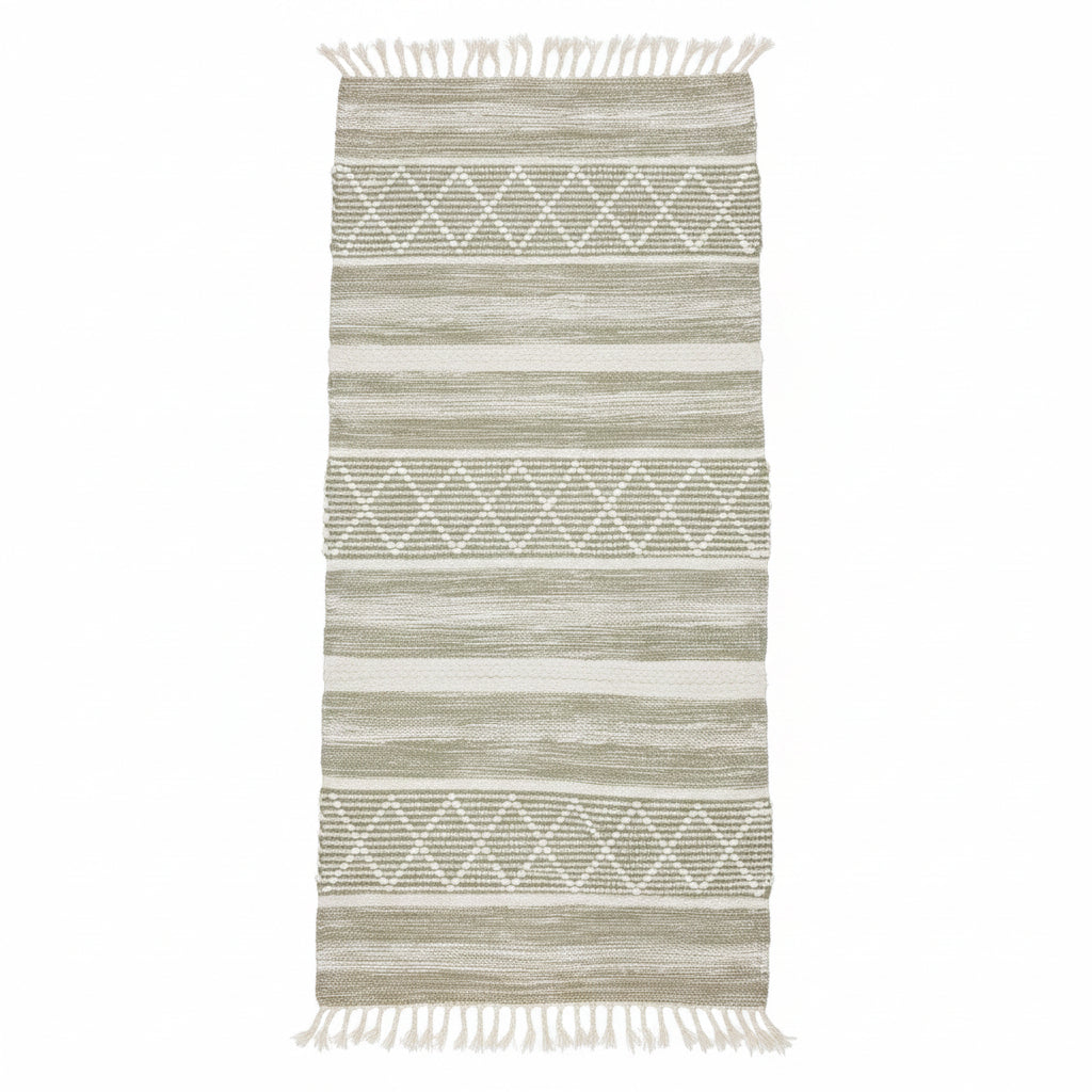 Handwoven rectangular kilim rug with a geometric diamond pattern, and alternating bands of natural beige and off-white, finished with fringed edges.