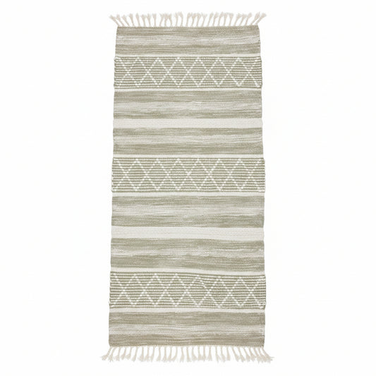 Handwoven rectangular kilim rug with a geometric diamond pattern, and alternating bands of natural beige and off-white, finished with fringed edges.