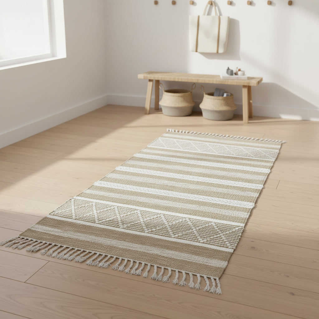 Rectangular handwoven kilim rug with a horizontal striped pattern in natural beige and white, featuring geometric diamond patterns in the upper and lower sections and white fringe on the top and bottom edges.