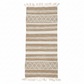 Rectangular handwoven kilim rug with a horizontal striped pattern in natural beige and white, featuring geometric diamond patterns in the upper and lower sections and white fringe on the top and bottom edges.