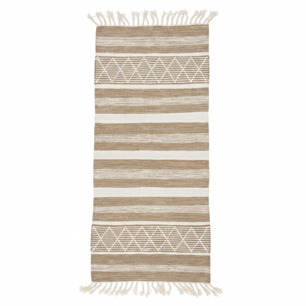 Rectangular handwoven kilim rug with a horizontal striped pattern in natural beige and white, featuring geometric diamond patterns in the upper and lower sections and white fringe on the top and bottom edges.