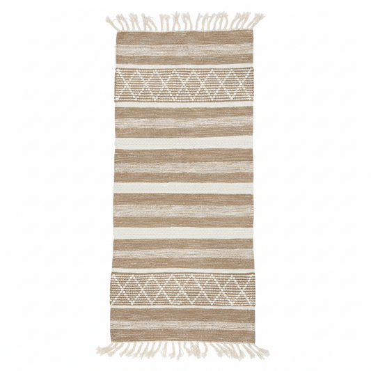 Rectangular handwoven kilim rug with a horizontal striped pattern in natural beige and white, featuring geometric diamond patterns in the upper and lower sections and white fringe on the top and bottom edges.