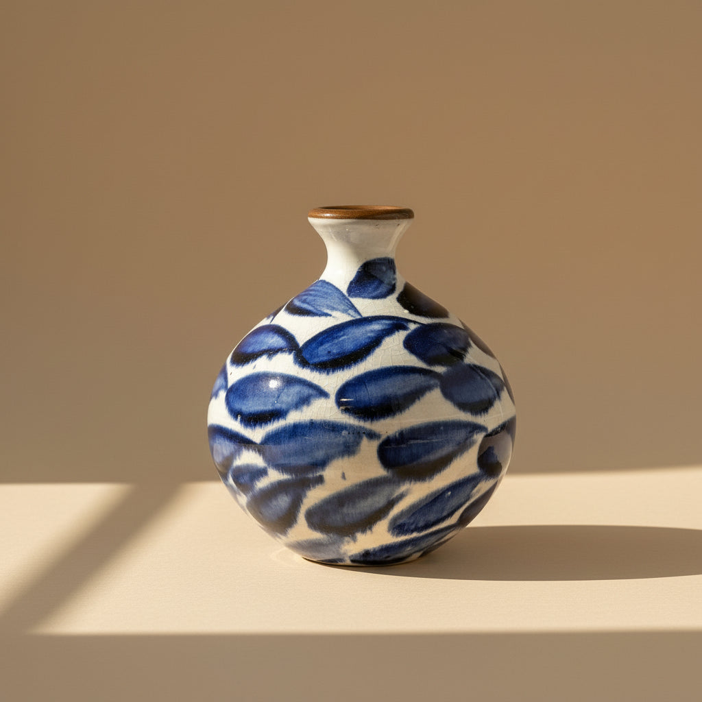 Fair Trade Blue Brushstrokes  on White Handmade Ceramic Pottery Vase