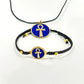 Necklace and bracelet with a blue medallion featuring a gold ankh symbol, handmade of brass
