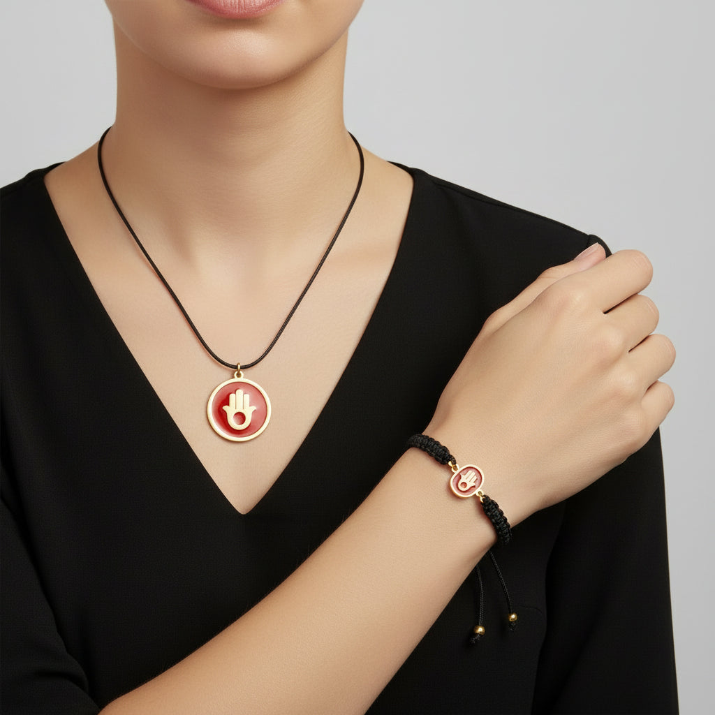 Handmade brass pendant and macrame bracelet with gold Hamsa hand on maroon enamel on a black cord, fair trade, ethically handmade