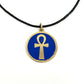 Necklace with a blue pendant featuring a gold ankh symbol, handmade of brass