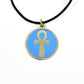Necklace with a turquoise pendant featuring a gold ankh symbol, handmade of brass