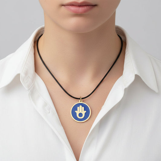 Handmade brass and enamel blue and gold Hamsa hand pendant on a black cord 