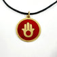 Handmade brass pendant with gold Hamsa hand on maroon brown enamel on a black cord, fair trade, ethically handmade