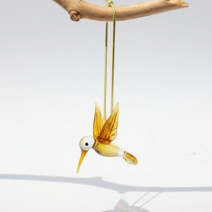 Fair trade artisanal handmade glass hummingbird in amber