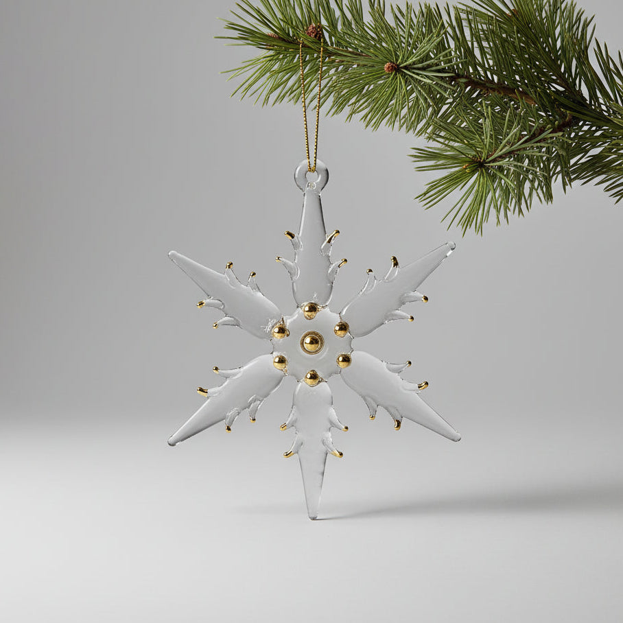 Handmade glass snowflake ornament clear with gold accents, artisanal, fair trade, ethically handcrafted