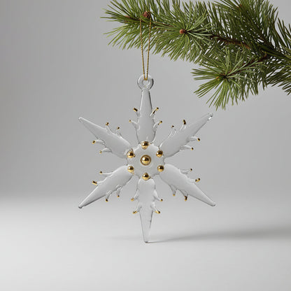 Handmade glass snowflake ornament clear with gold accents, artisanal, fair trade, ethically handcrafted