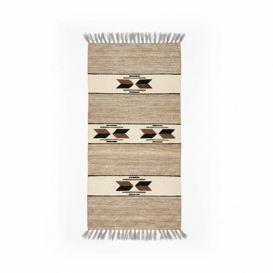 Rectangular handwoven wool rug with fringes, featuring horizontal stripes and geometric diamond patterns in beige, cream, brown, and black, fair trade handmade