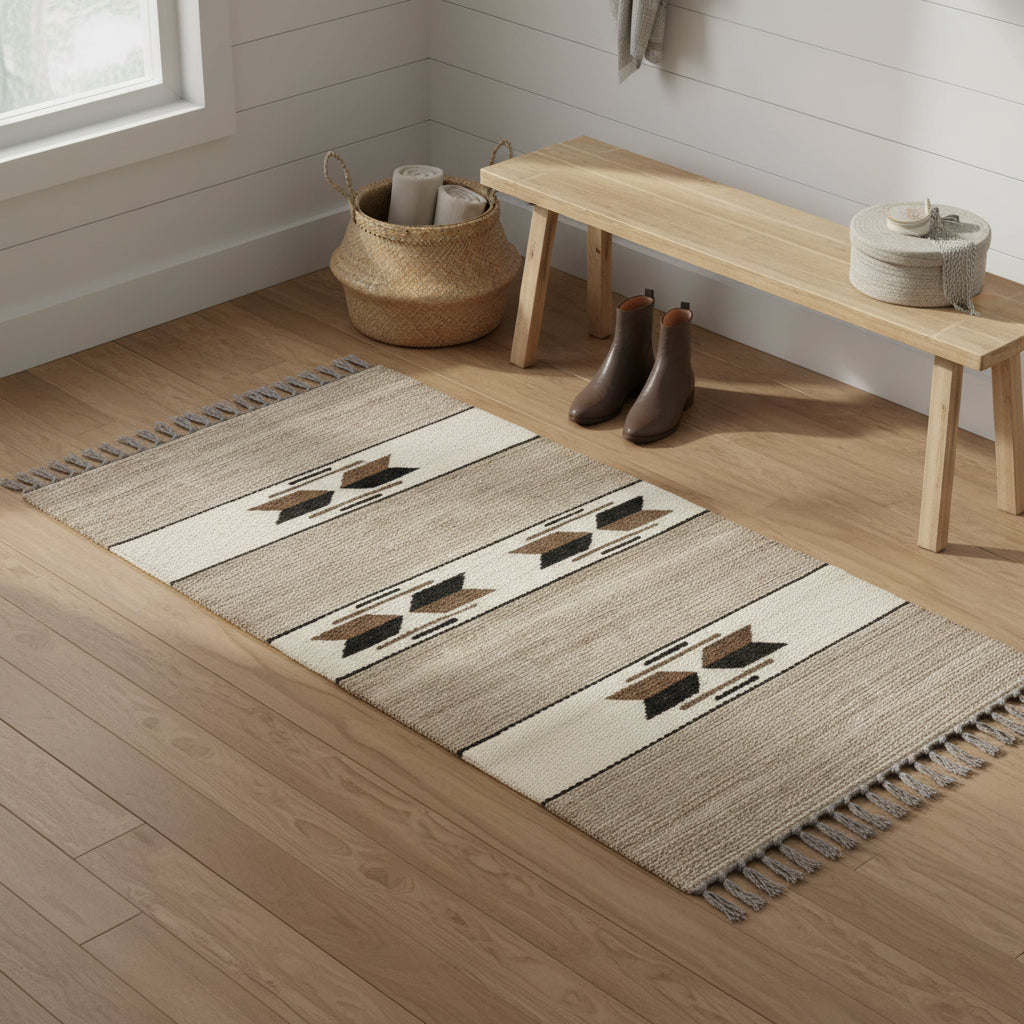 Rectangular handwoven wool rug with fringes, featuring horizontal stripes and geometric diamond patterns in beige, cream, brown, and black, fair trade handmade