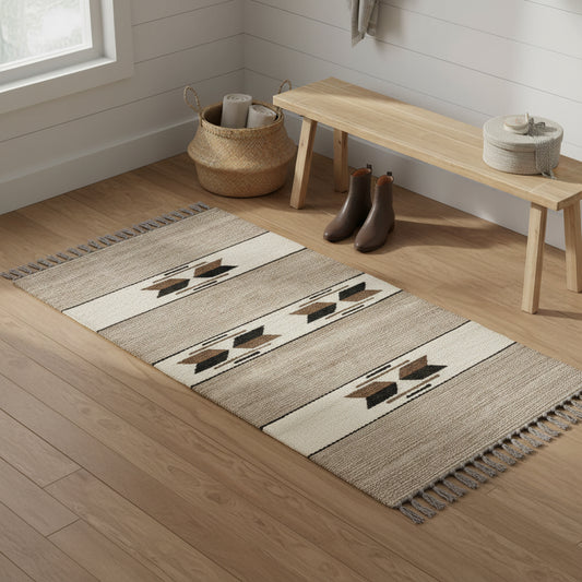 Rectangular handwoven wool rug with fringes, featuring horizontal stripes and geometric diamond patterns in beige, cream, brown, and black, fair trade handmade