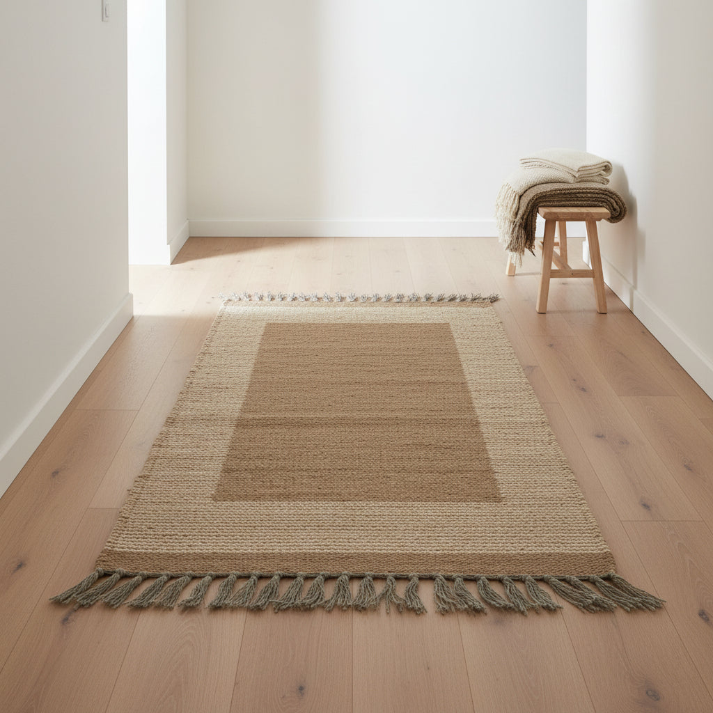 Rectangular handwoven wool kilim runner in neutral hues; brown center panel, beige striped border, and dark gray fringe on both ends, fair trade handmade