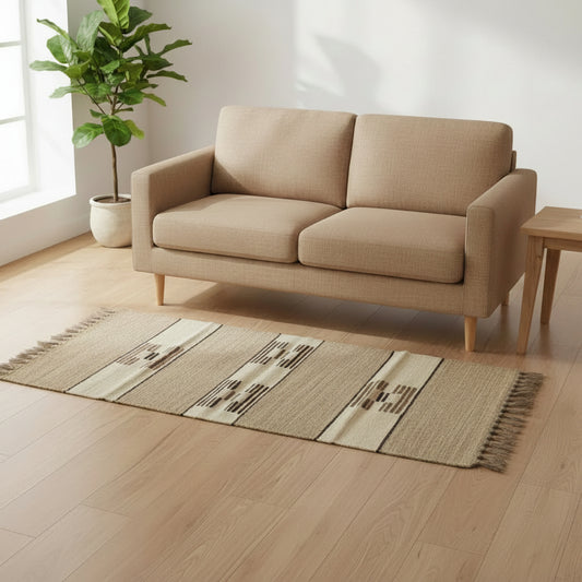 Rectangular handwoven rug with fringes, featuring horizontal stripes and geometric patterns in beige, brown, and cream. Fair trade handcrafted