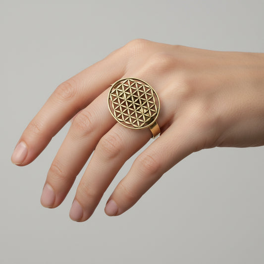 Fair Trade Handmade Brass Ring - Triangles Arabesque Grid Design, Ethical Jewelry