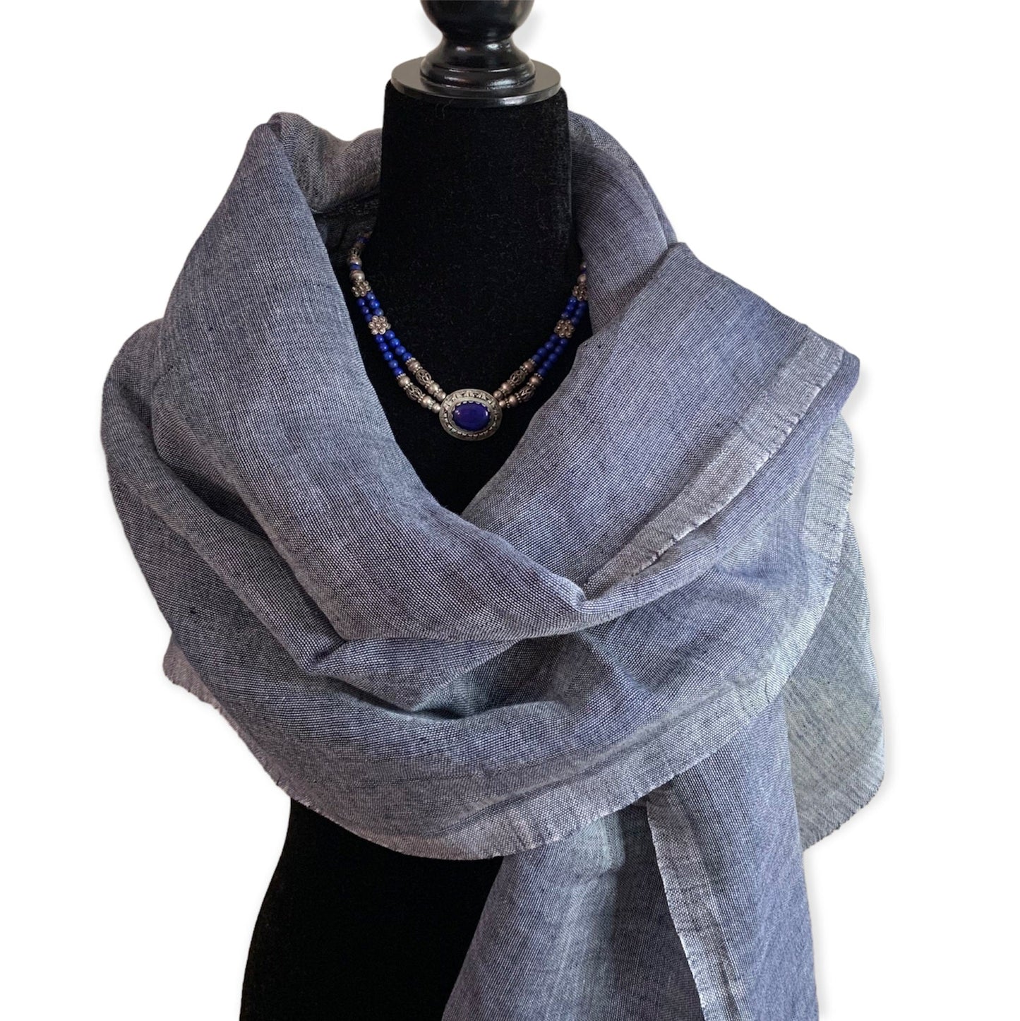 Handwoven Linen Scarf - Navy Blue