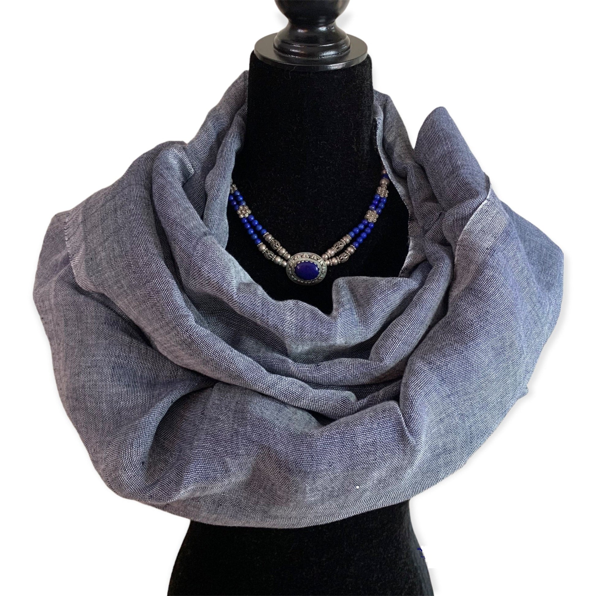 Handwoven Linen Scarf - Navy Blue