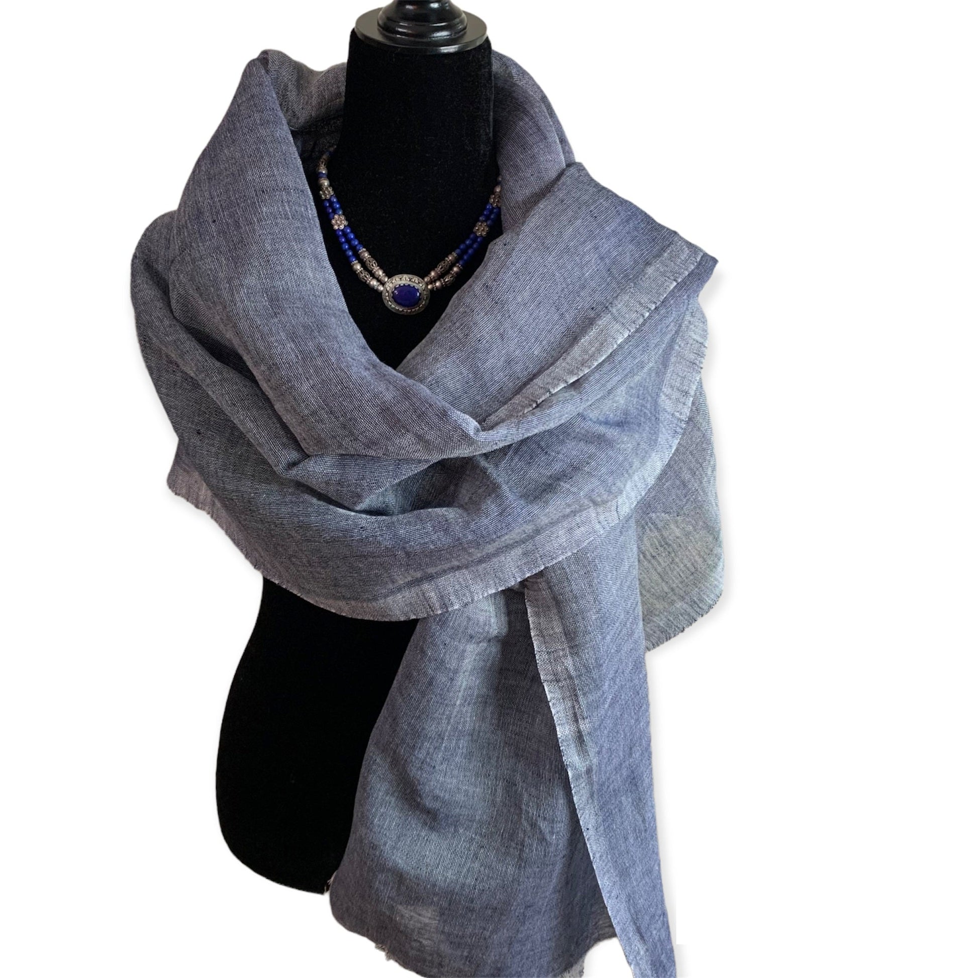 Handwoven Linen Scarf - Navy Blue