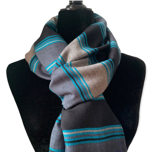 Horizontally Striped Handwoven Scarf - Black, Gray & Turquoise