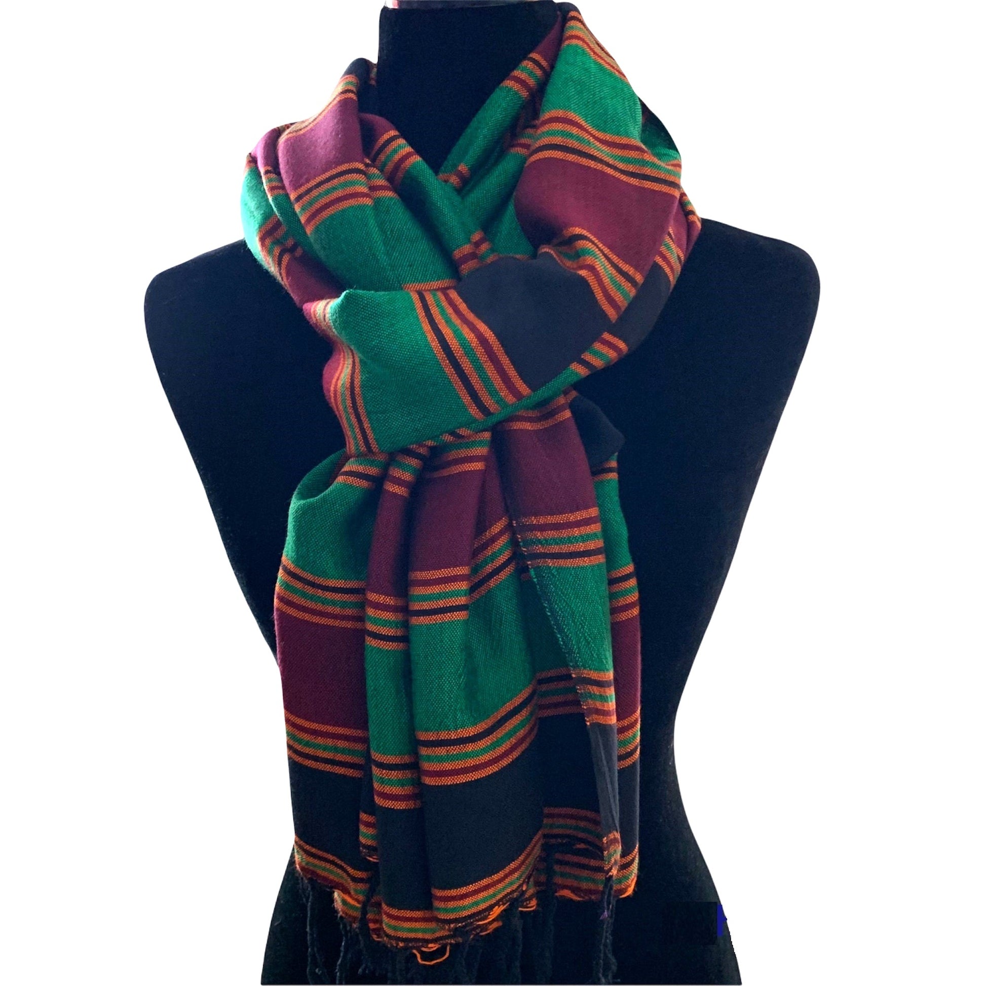 Horizontally Striped Handwoven Scarf - Green & Burgundy