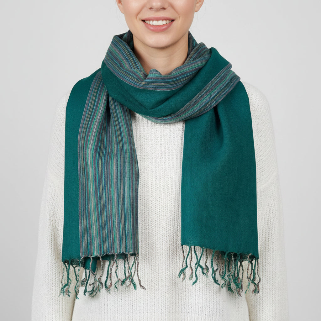 Fair Trade Pencil Striped-frame Handwoven Bamboo Viscose Scarf - Pine Green, Sustainable Ethical Fashion