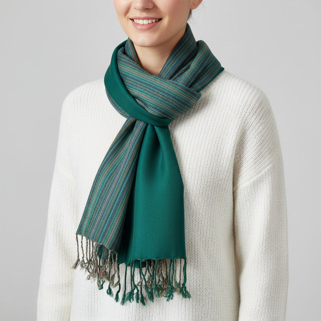 Fair Trade Pencil Striped-frame Handwoven Bamboo Viscose Scarf - Pine Green, Sustainable Ethical Fashion