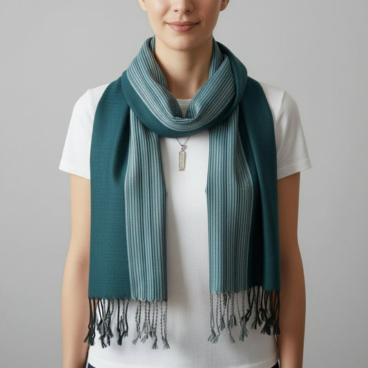 Fair Trade Pencil Striped-frame Handwoven Bamboo Viscose Scarf - Sacramento Green, Ethical Sustainable Fashion