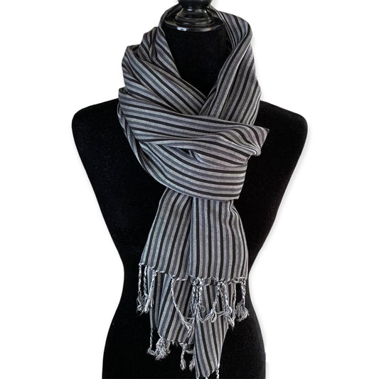 Thin Striped Handwoven Bamboo Viscose Scarf - Black & Silver