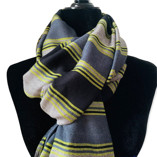Horizontally Striped Handwoven Scarf - Black, Gray & Yellow