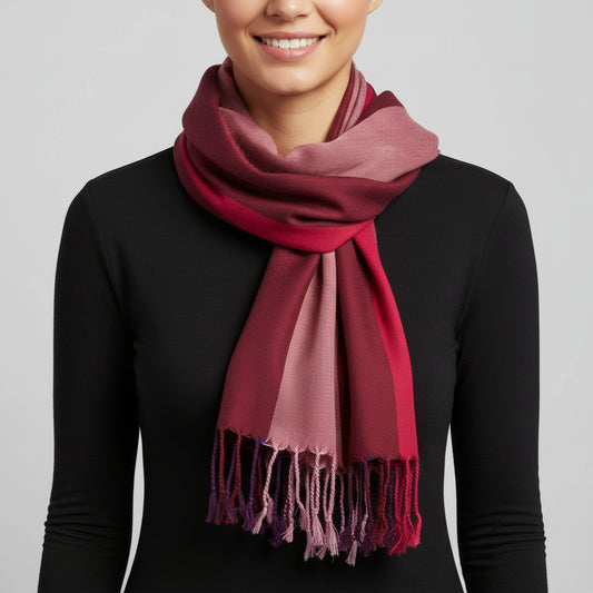 Fair Trade, Wide Striped Handwoven Bamboo Viscose Scarf - Pink & Wine, Sustainable Fashion