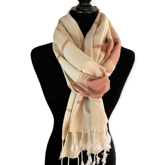 Geometric Handwoven Bamboo Viscose Scarf - Beige & Burgundy