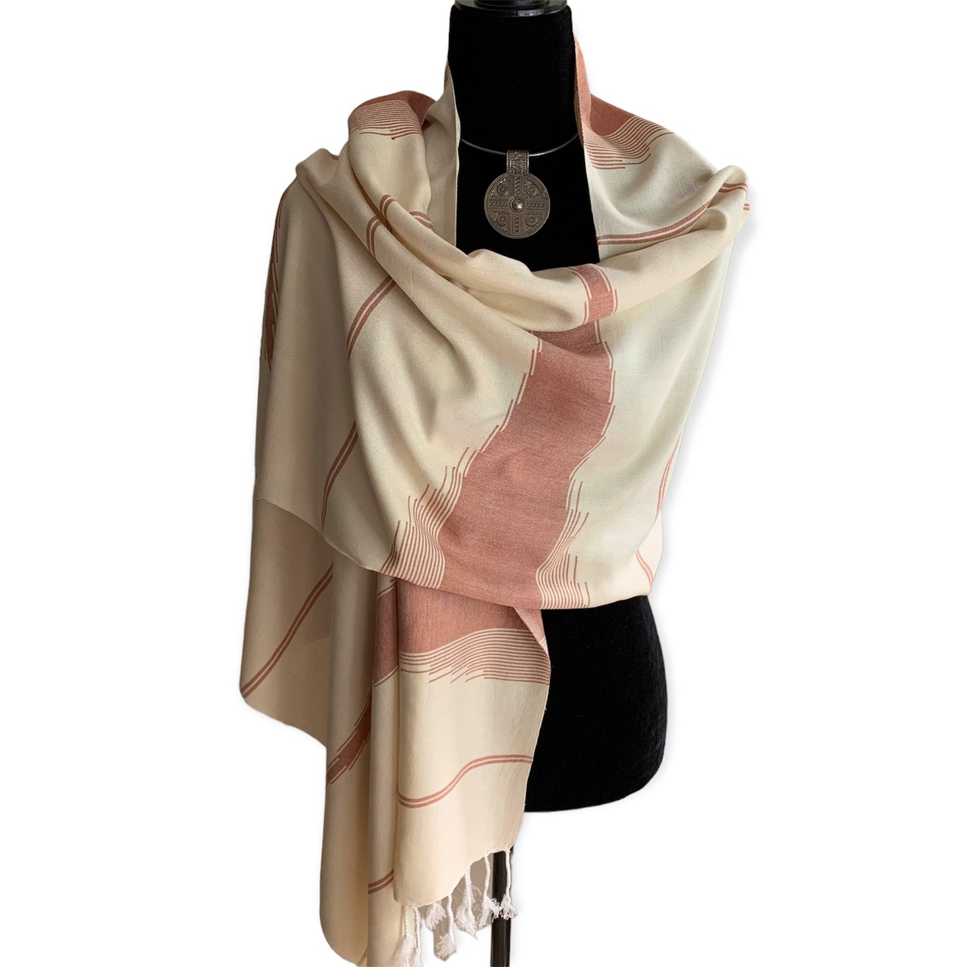 Geometric Handwoven Bamboo Viscose Scarf - Beige & Burgundy