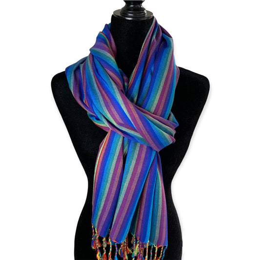 Striped Handwoven Bamboo Viscose Scarf - Blue & Plum