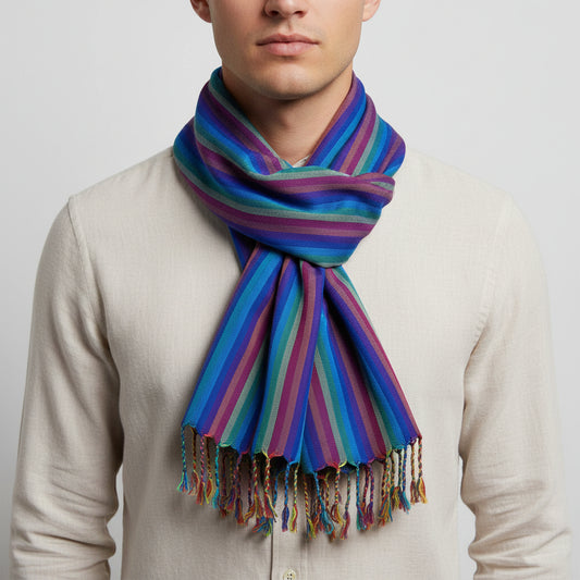 Fair Trade Striped Handwoven Bamboo Viscose Scarf - Blue & Plum, Ethically Handmade, Sustainable Fashion