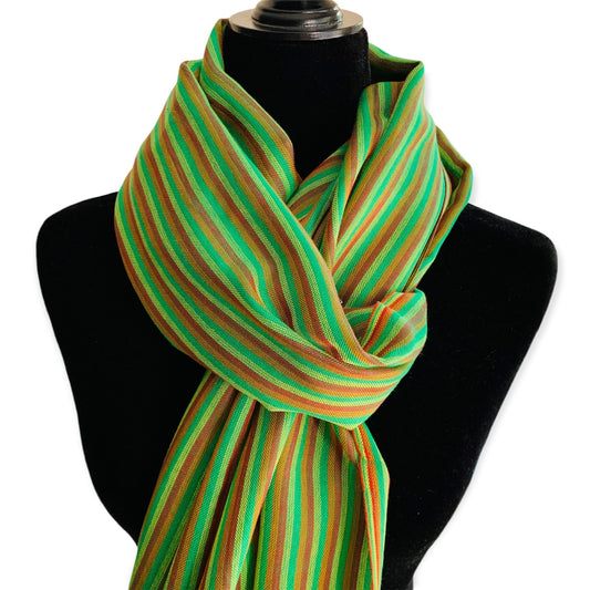 Thin Striped Handwoven Bamboo Viscose Scarf - Green & Salmon