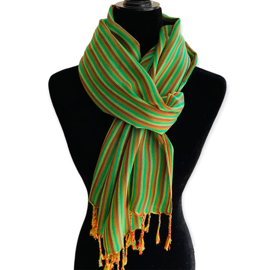 Thin Striped Handwoven Bamboo Viscose Scarf - Green & Salmon