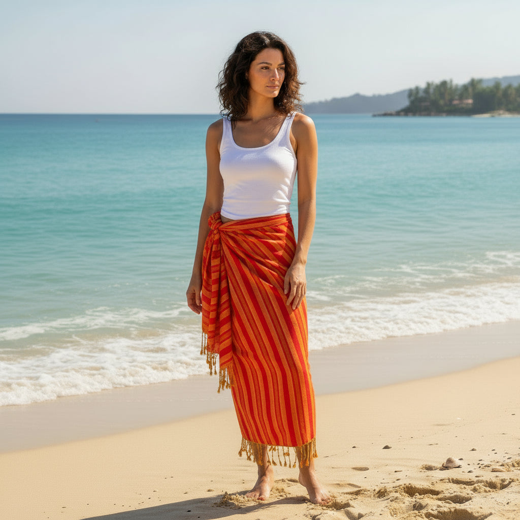 Thin Striped Handwoven Bamboo Viscose Scarf in Red Yellow