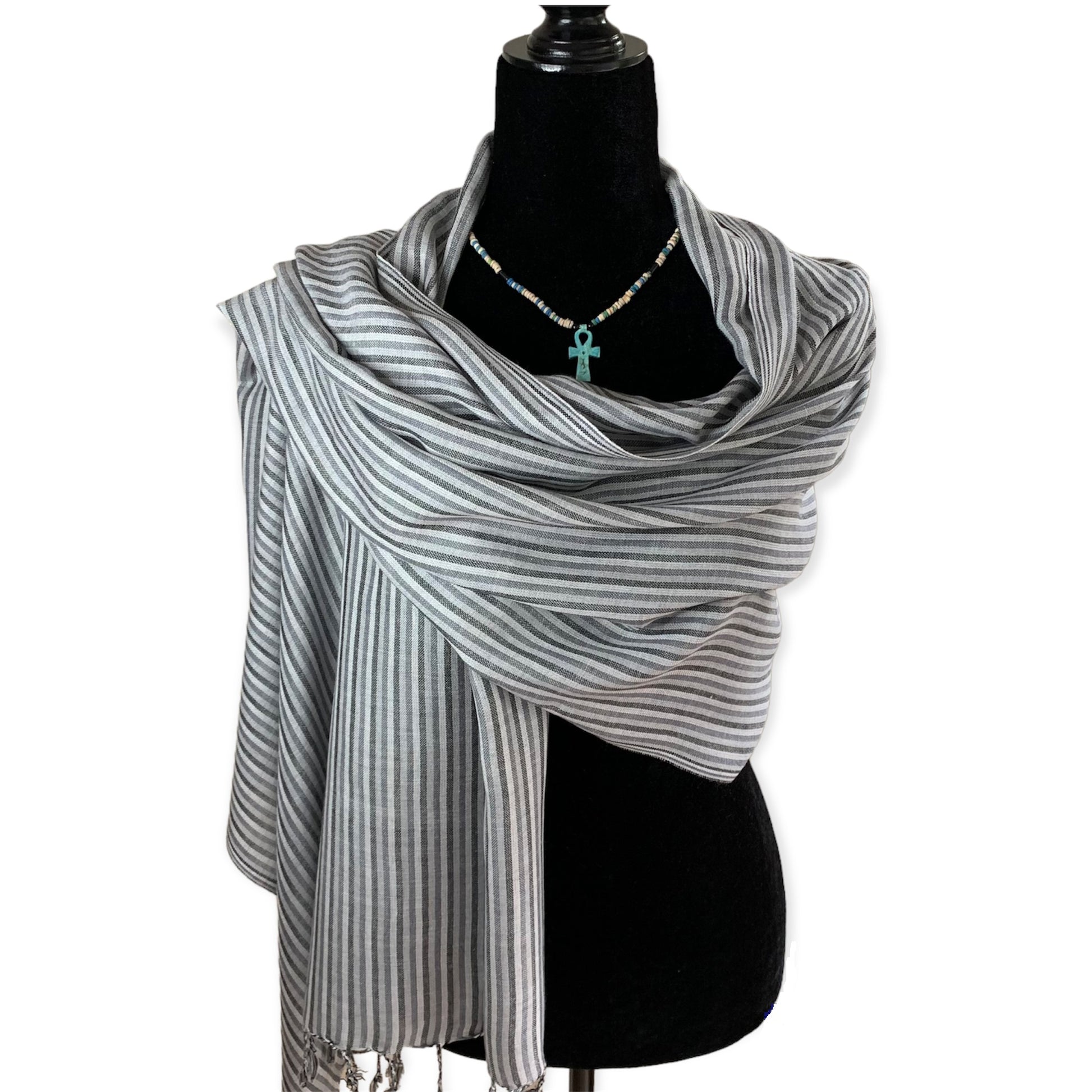 Thin Striped Handwoven Bamboo Viscose Scarf - Shades of Gray