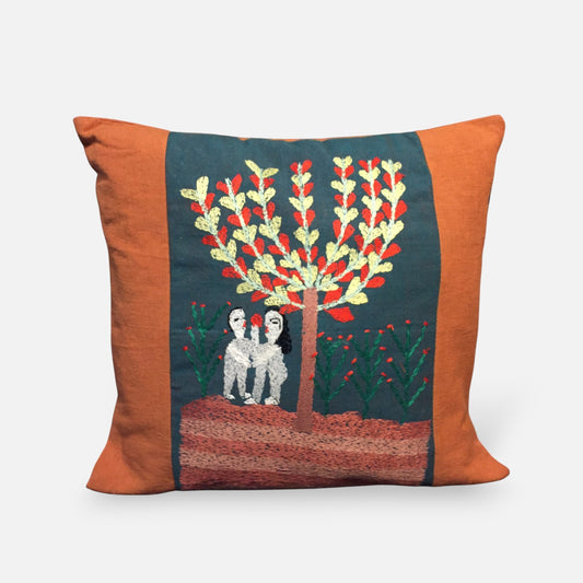 Handwoven Egyptian Cotton Cushion Cover - Hand Embroidered Art - Adam & Eve