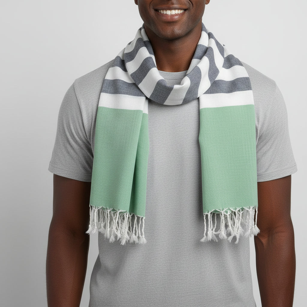 Handwoven Nautical Stripe with Green Band Scarf