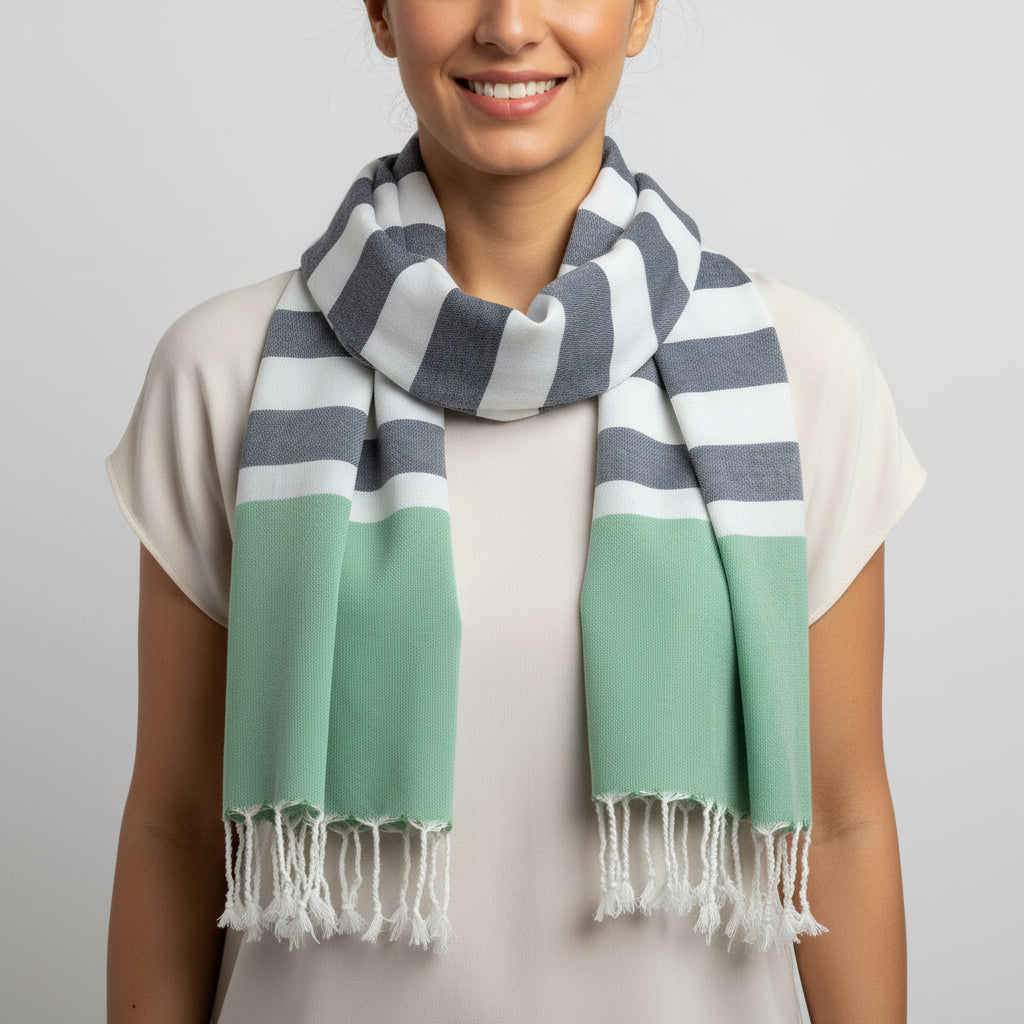 Handwoven Nautical Stripe with Green Band Scarf