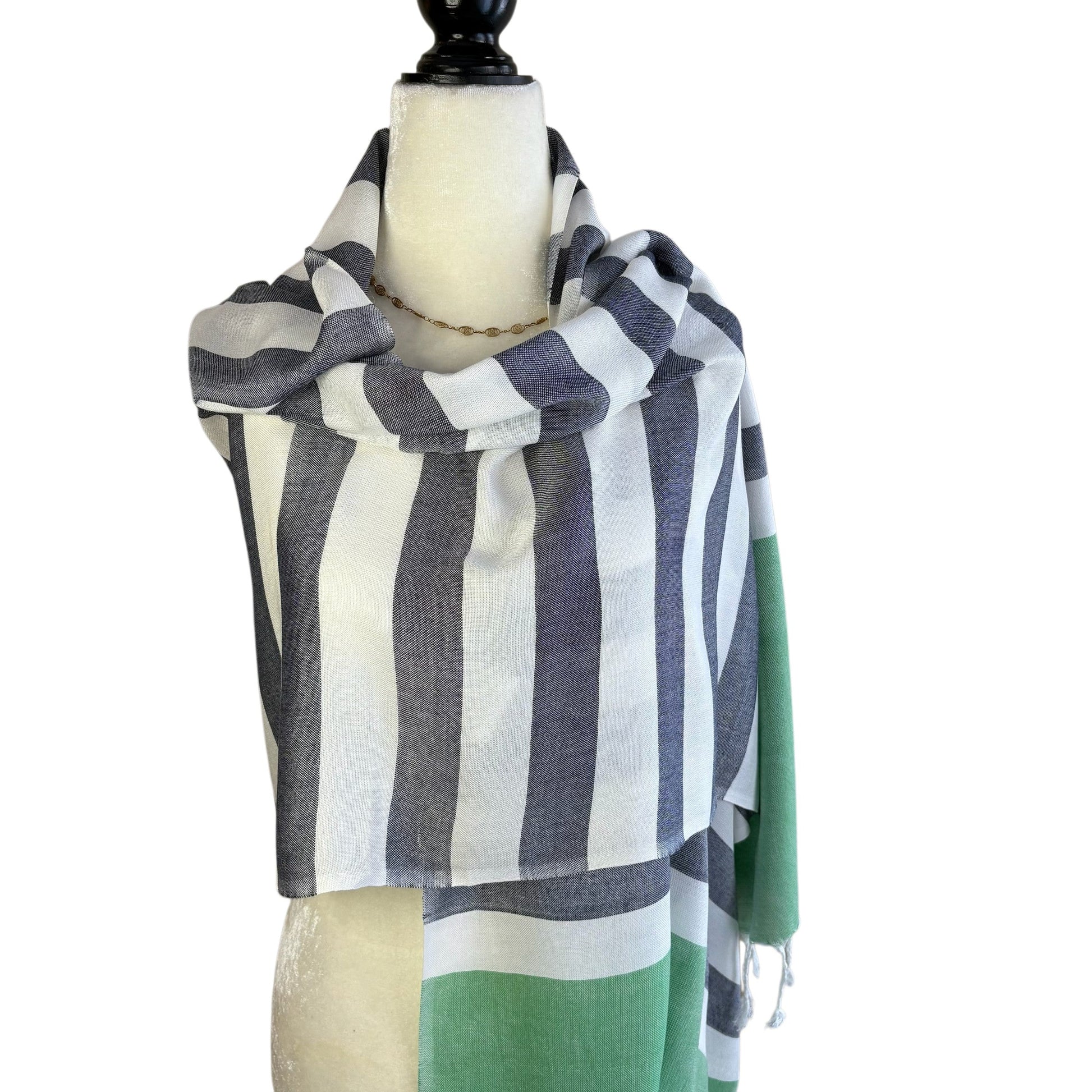 Handwoven Nautical Stripe with Green Band Scarf